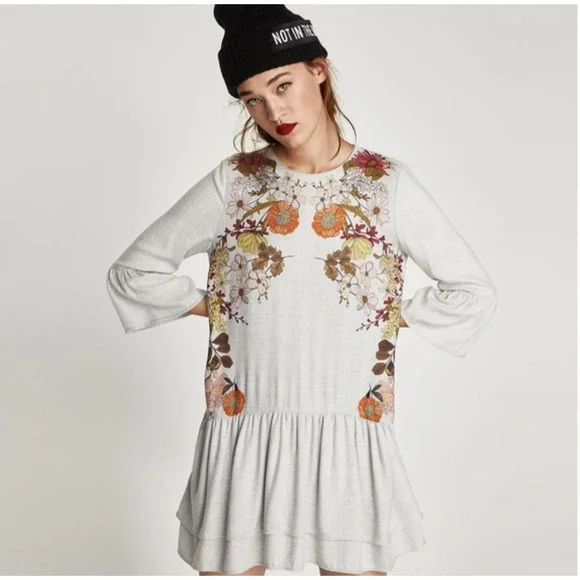Zara | Dresses | Zara Floral Printed Frill Drop Waist Dress Size Small |  Poshmark